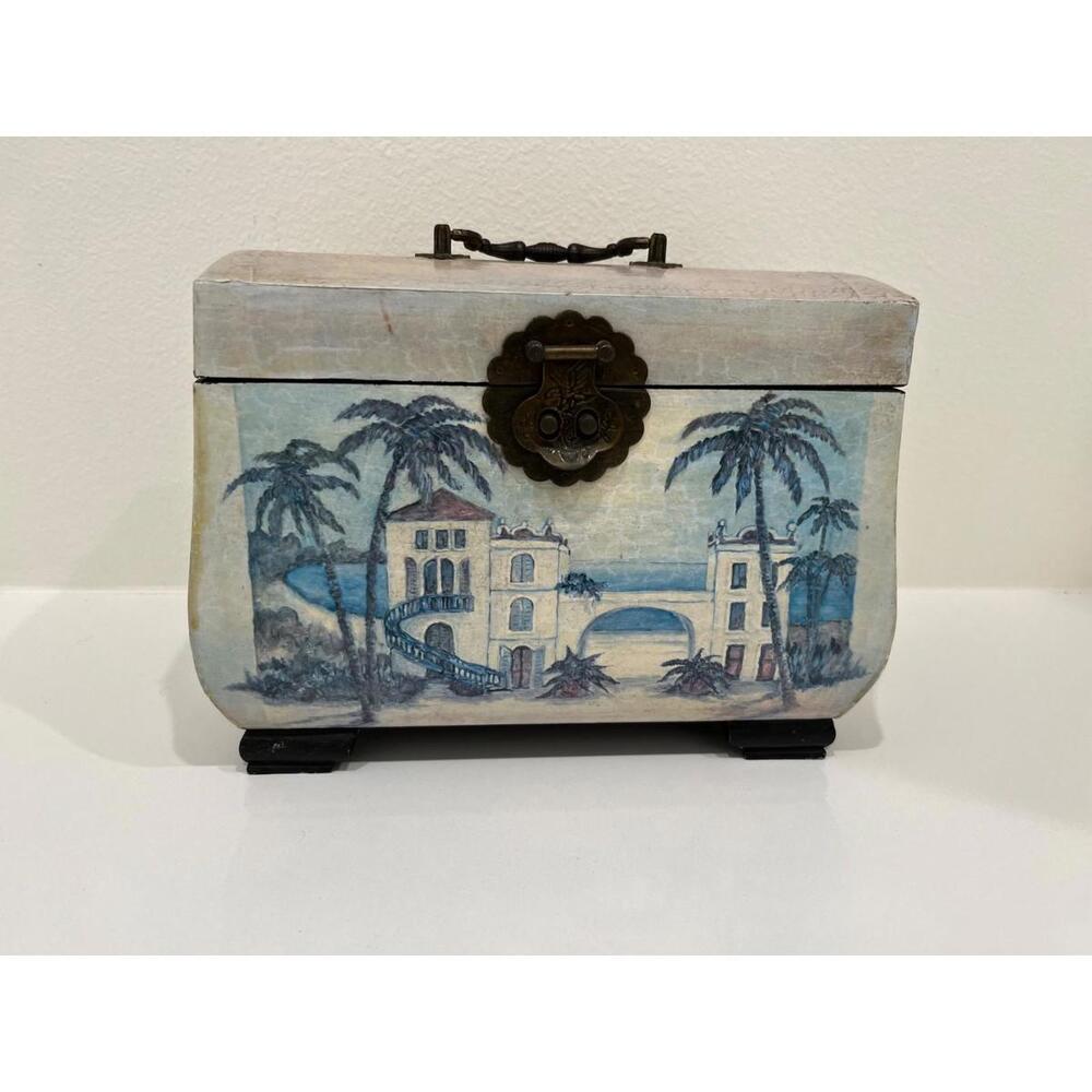 Shabby Chic Beachy Decorataive Wooden Box - hingef- Beige with Blue decor